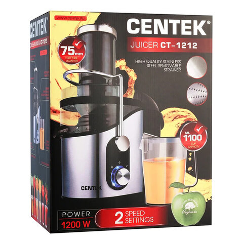 Соковыжималка CENTEK CT-1212, 1200 Вт, стакан 1,1 л, емкость для жмыха 1,7 л, металл, сталь/черный