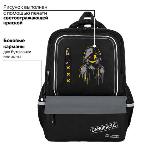 Рюкзак BRAUBERG STAR, 1 отделение, 5 карманов, "Watch out", черный, 40x29x13 см, 273132