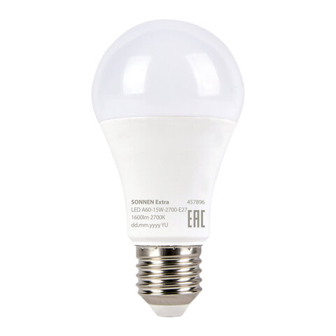 Лампа светодиодная SONNEN EXTRA, 15 (130) Вт, Е27, груша, теплый белый, 30000 ч, LED A60-15W-2700-Е27, 457896