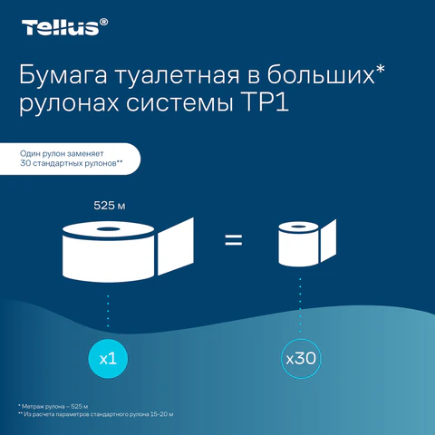 Бумага туалетная 525 м, БОЛЬШОЙ РУЛОН, Tellus/TORK (Система T1) UNIVERSAL, КОМПЛЕКТ 6 рулонов, 1-слойная, 120195