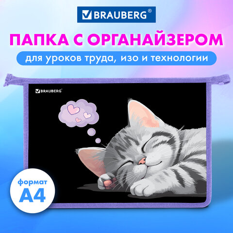 Папка для труда на молнии BRAUBERG А4, 2 отделения, органайзер, "Sleeping kitten", 273401