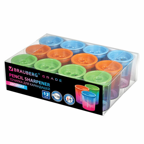Точилка для классических и утолщенных карандашей BRAUBERG "Grade", 2 отверстия, с контейнером, 271998