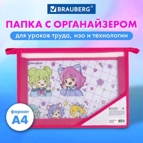 Папка для труда BRAUBERG А4, 2 отделения, пластик, молния сверху, органайзер, "Anime party", 272214