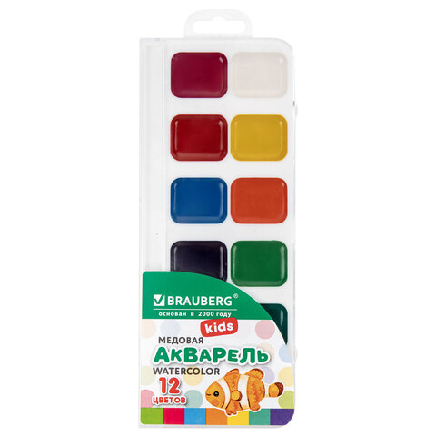 Краски акварельные BRAUBERG KIDS NEW, медовые, 12 цветов, квадратные кюветы, пластиковый пенал с европодвесом, 192796