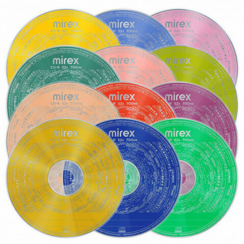 Диски CD-R MIREX Random Color, 700 Мб, 48x, Cake Box (упаковка на шпиле), КОМПЛЕКТ 50 шт., цветные, UL120009A8B