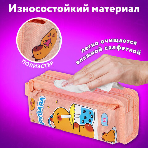 Пенал ЮНЛАНДИЯ ЮНИОР, 2 отделения, с ручкой, полиэстер, "Capybara", 21х8х6 см, 273814