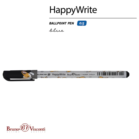 Ручка шариковая BRUNO VISCONTI HappyWrite, СИНЯЯ, "Корги", узел 0,5 мм, линия письма 0,3 мм, 20-0215/34
