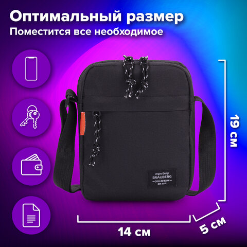 Сумка на плечо BRAUBERG COMPACT, два кармана, черная, 19х14х5 см, 271688