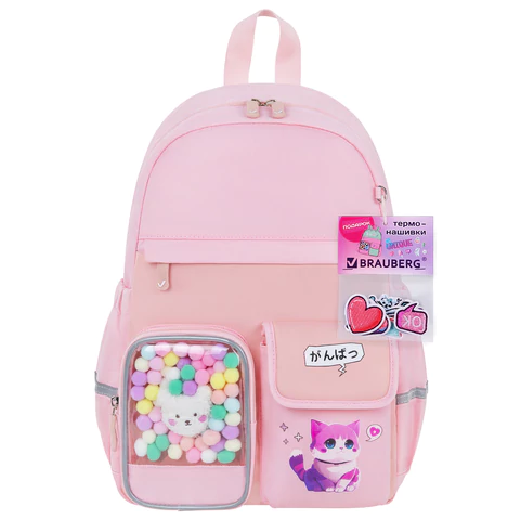 Рюкзак BRAUBERG PASTEL с термонашивками в комплекте, "Anime kitten", персиковый, 40х29х14 см, 272065