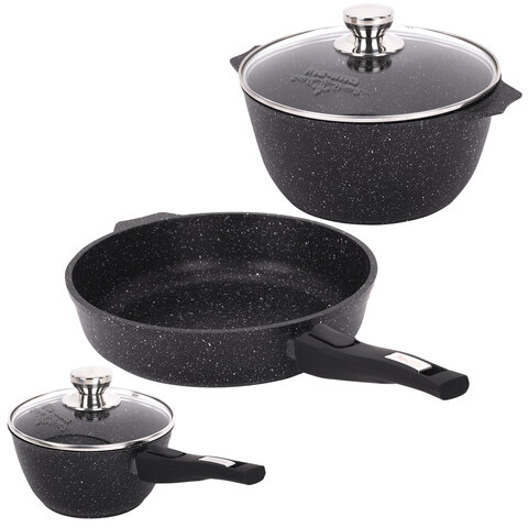 Набор посуды (сковорода 26 см, кастрюля 5 л, ковш 1,7 л, 2 съемных ручки, 2 крышки), МЕЧТА "Гранит Black", 001802