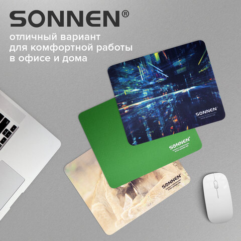 Коврик для мыши SONNEN "GREEN", резина + ткань, 220х180х3 мм, 513305