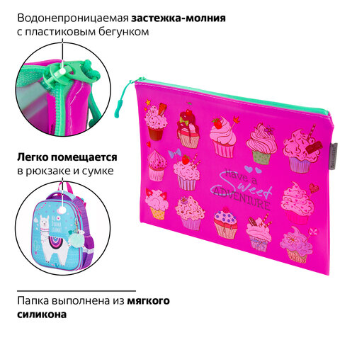 Папка для тетрадей A5 BRAUBERG, мягкий, водонепроницаемая молния, "Cupcakes", 25х20 см, 229260