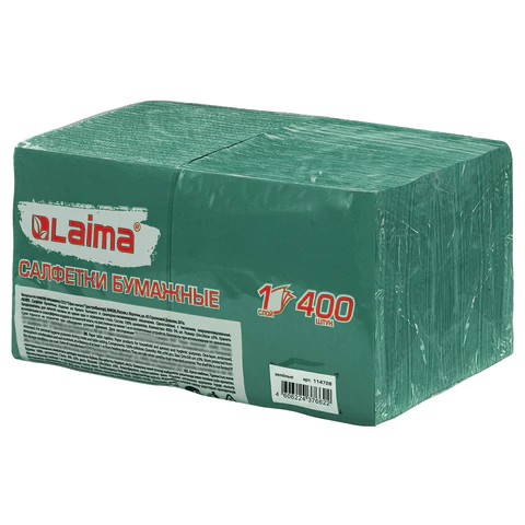 Салфетки бумажные 400 шт., 24х24 см, "Big Pack", зелёные, 100% целлюлоза, LAIMA, 114728