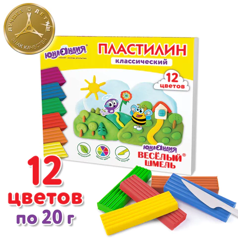 Пластилин классический ЮНЛАНДИЯ "ВЕСЁЛЫЙ ШМЕЛЬ", 12 цветов, 240 грамм, стек, ВЫСШЕЕ КАЧЕСТВО, 106431