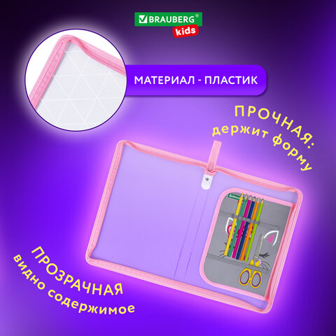 Папка для труда на молнии BRAUBERG KIDS А4, 1 отделение, прозрачная, органайзер, "Tiny cutie", 273397