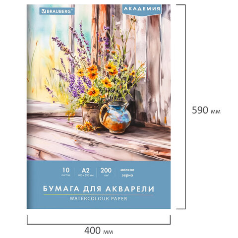 Папка для акварели БОЛЬШАЯ А2, 400х590 мм, 10 листов, 200 г/м2, BRAUBERG АКАДЕМИЯ (ДЭК), "Цветы", 117739