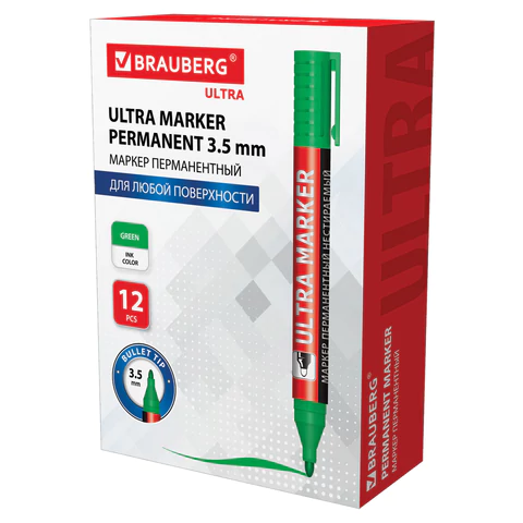 Маркер перманентный ULTRA MARKER, ЗЕЛЕНЫЙ, 3,5 мм, с клипом, BRAUBERG, 152207