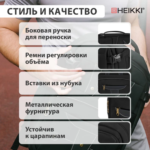 Рюкзак HEIKKI DESERTED (ХЕЙКИ) универсальный, отделение для ноутбука, EVA-спинка, черный, 48х34х18 см, 273876
