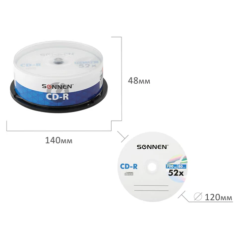 Диск CD-R SONNEN, 700 Mb, 52x, Cake Box (упаковка на шпиле) КОМПЛЕКТ 25 шт., 513531