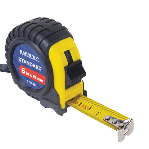 Рулетка измерительная 5 м х 19 мм, обрезиненный корпус, с фиксатором, RABBITEX (РАББИТЕКС) Standard, 671349