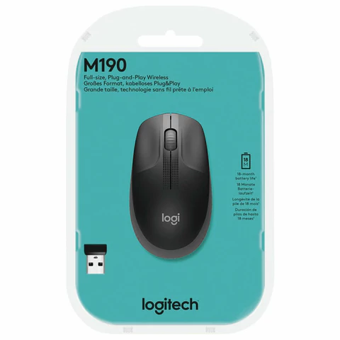 Мышь беспроводная LOGITECH M190, 2 кнопки + 1 колесо-кнопка, оптическая, черно-серая