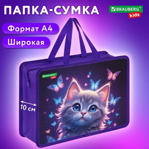 Папка на молнии с ручками BRAUBERG KIDS А4, 1 отделение, пластик, 100 мм, "Curious cat", 273376