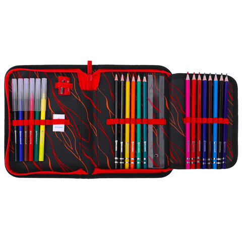 Пенал BRAUBERG с наполнением, 1 отделение, 1 откидная планка, 24 предмета, 21х14 см, "Fire dino", 273535