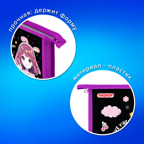 Папка для тетрадей ПИФАГОР А5, 1 отделение, пластик, на молнии, "Anime sign", 273328