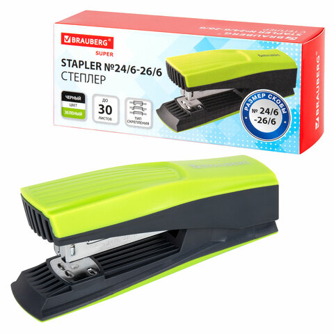 Степлер №24/6, 26/6 BRAUBERG "SUPER", до 30 листов, зелено-черный, 272741