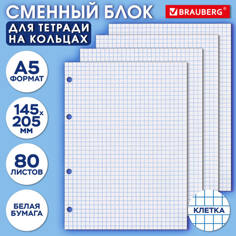 Сменный блок для тетради на кольцах А5, 80 л., BRAUBERG, "Белый", 404612