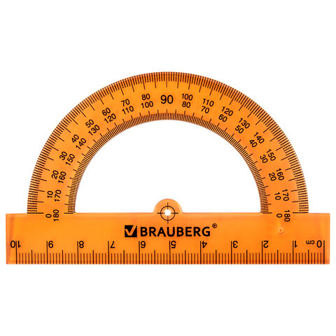 Транспортир пластиковый 10 см, 180 градусов, BRAUBERG, прозрачный, неоновый, ассорти, 210847