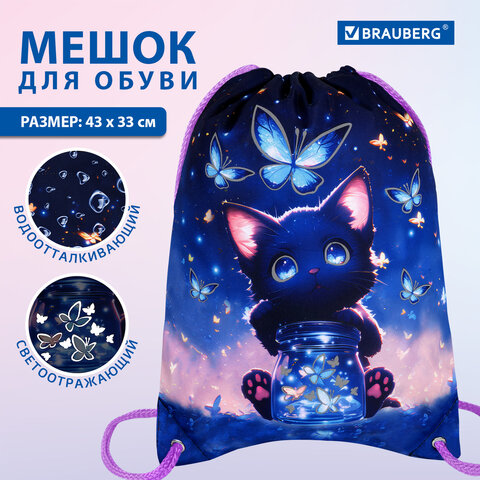 Мешок для обуви BRAUBERG PREMIUM, карман, подкладка, светоотражайка, 43х33 см, "Night catcher", 273442