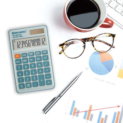 Калькулятор карманный BRAUBERG CX-102C-BL (76x126 мм), 12 разрядов, двойное питание, ГОЛУБОЙ, 272649