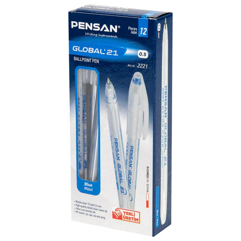 Ручка шариковая масляная PENSAN "Global-21", СИНЯЯ, корпус прозрачный, узел 0,5 мм, линия письма 0,3 мм, 2221