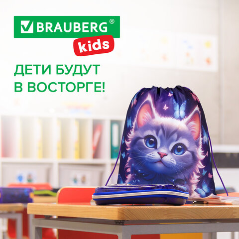 Мешок для обуви BRAUBERG KIDS, с петлей, 42х34 см, "Curious cat", 273434