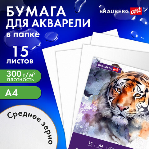 Бумага для акварели А4 в папке, 15 листов, 300 г/м2, среднее зерно, BRAUBERG ART CLASSIC, 116353