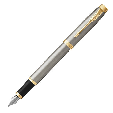 Ручка перьевая PARKER "IM Core Brushed Metal GT", серебристый матовый лак, позолота, синяя, 1931649