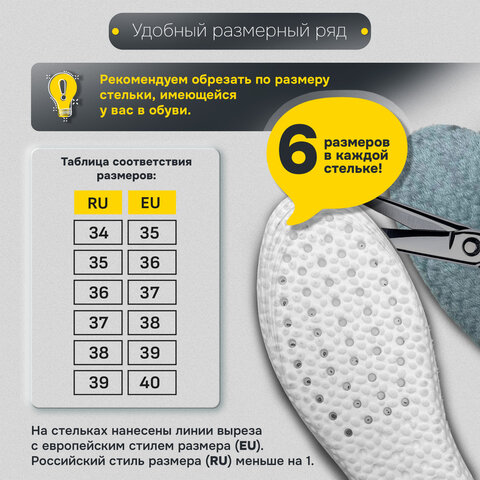 Стельки для обуви ЗИМНИЕ УТЕПЛЕННЫЕ, материал PU PRO, размер RU 34-39 / EU 35-40, с линиями выреза, SHEGRA (ШЕГРА), 700759