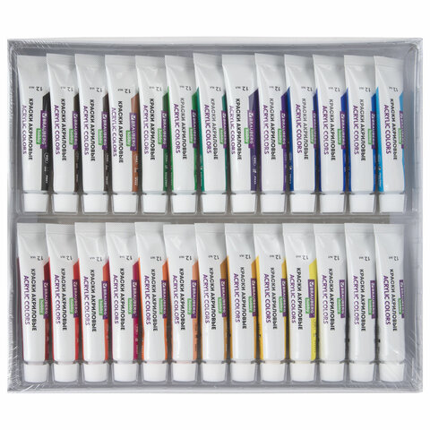 Краски акриловые художественные 26 шт. по 12 мл, холсты 3 шт., кисти 6 шт., аксессуары, 37 предметов, BRAUBERG HOBBY, 192544