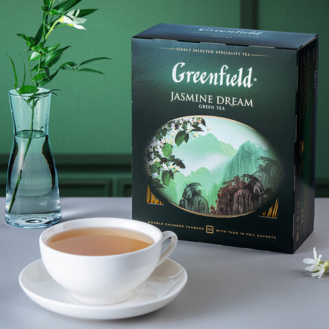 Чай GREENFIELD "Jasmine Dream" зеленый с жасмином, 100 пакетиков в конвертах по 2 г, 0586-09
