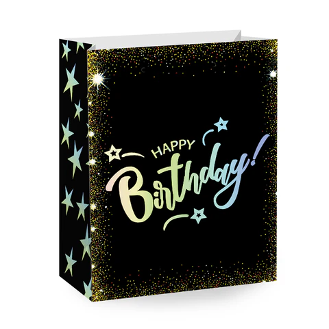 Пакет подарочный (1 штука) 18х10х23 см (M), "Happy Birthday", ассорти, глиттер, фольга, ЗОЛОТАЯ СКАЗКА, 700806