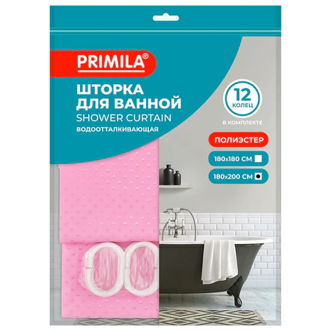 Шторка для ванной ПОЛИЭСТЕР, 180х200 см, кольца в комплекте, РОЗОВЫЙ БРИЛЛИАНТ, PRIMILA (ПРИМИЛА), 700098