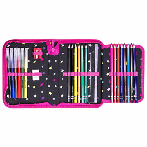 Пенал BRAUBERG с наполнением, 1 отделение, 1 откидная планка, 24 предмета, 21х14 см, "Cats first", 271525