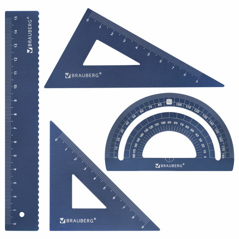 Набор чертежный металлический BRAUBERG (линейка 15 см, 2 треугольника, транспортир), 210816