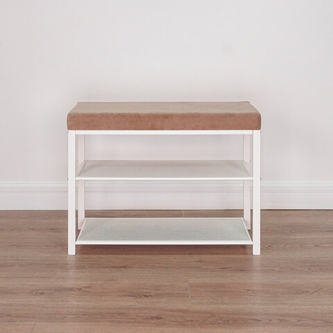 Банкетка для обуви "Торонто-23S", 670х300х490 мм, 2 полки, металл/ткань, белая/бежевая, БТ23СББ