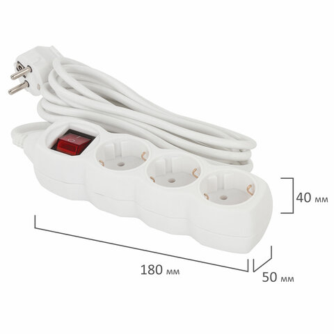 Удлинитель сетевой SONNEN U-135GS, 3 розетки, c заземлением, выключатель, 10 А, 5 м, белый, 511435