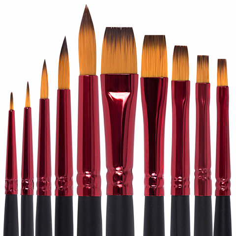 Кисти BRAUBERG PREMIUM, набор 10 шт. (синтетика, круглые № 1, 2, 3, 5, 8, плоские № 2, 4, 6, 8, 10), 201027