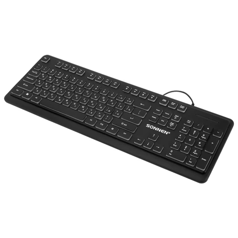 Клавиатура проводная бесшумная USB, 104 плоские клавиши, LED-подсветка, SONNEN K308, черная, 513947