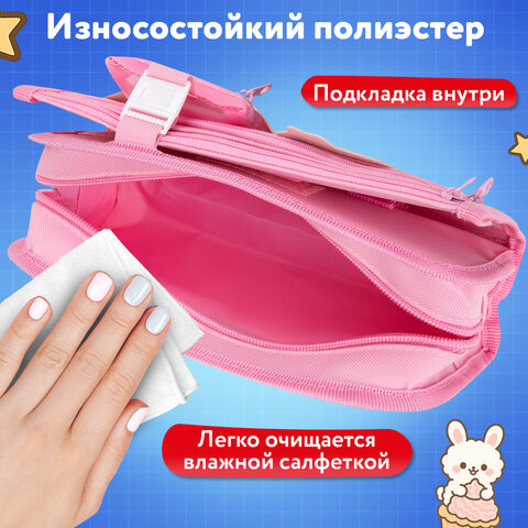 Пенал мягкий BRAUBERG KIDS, 3 отделения, кармашек на карабине, полиэстер, "Sweet friends", 22х10х7 см, 273558