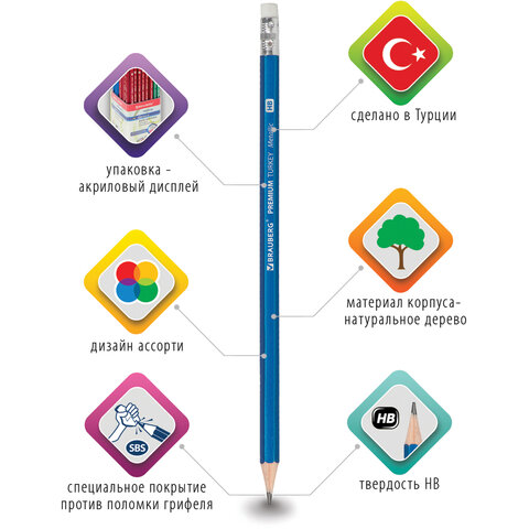 Карандаш чернографитный BRAUBERG "PREMIUM TURKEY", 1 шт., "Metallic", НВ, ассорти, дисплей, 181558